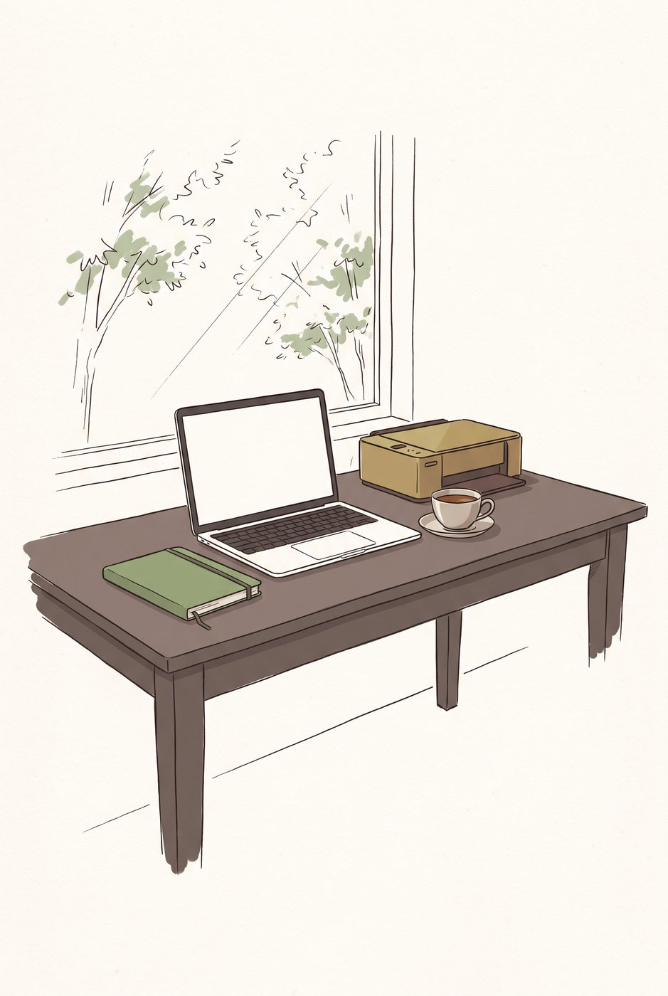 Schreibtisch mit Laptop, Notizbuch und Drucker am Fenster