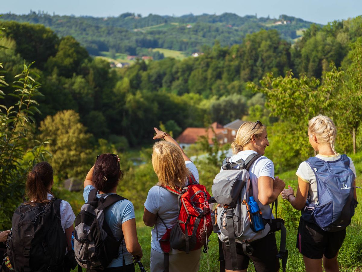 Wandergruppe mit Blick über das Tal in der Südsteiermark